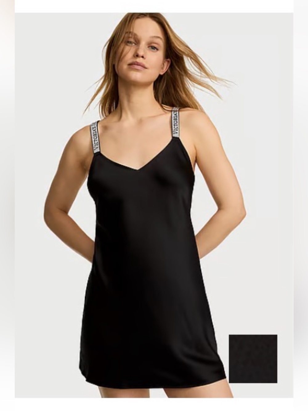 Victoria's Secret Black Satin Slip with Branded Straps
